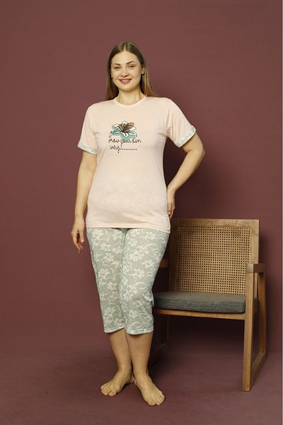 makkash 100% Cotton Large Size Powder Pink Floral Patterned Battal Bermuda Women's Pajamas Set