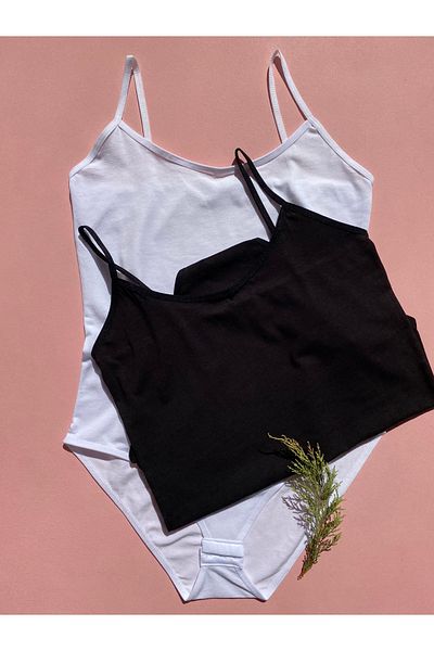 LEYNA BUTİK 2 Pieces Black and White Clasp Cotton Lycra Rope Strap Oval Collar Women's Athlete-body