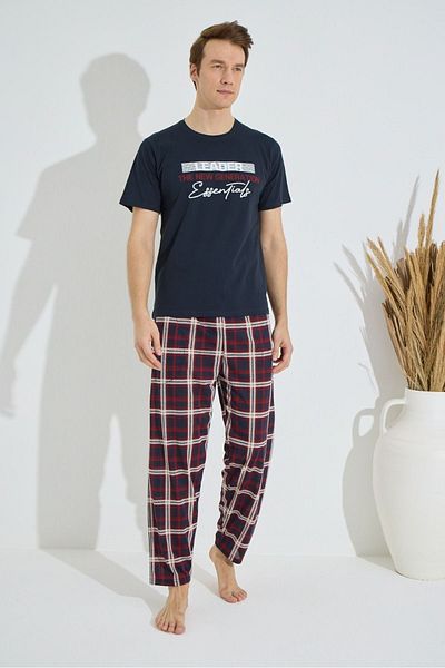 makkash 100% Cotton Leader εμπριμέ κοντό μανίκι Navy Blue - Σετ ανδρικές πιτζάμες καρό