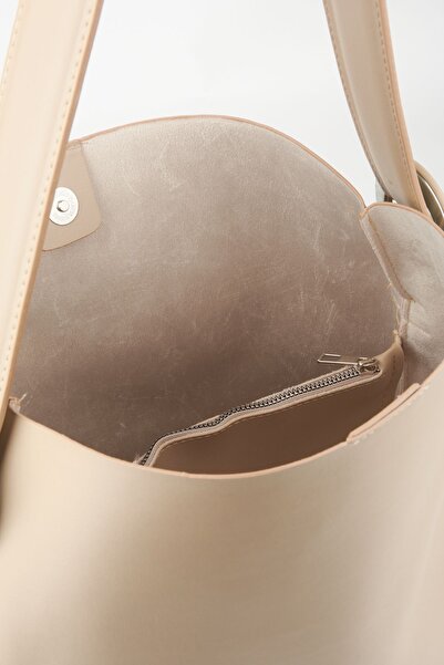 Çanta Park Respected Mink Suede Soft Leather Large Size Shopper Bag with Snap Fasteners and Zippered Inner Compartment