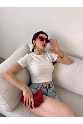scatola di moda Bisiklet Yaka Crop Ottoman T shirt Fiyat Yorumlar Trendyol