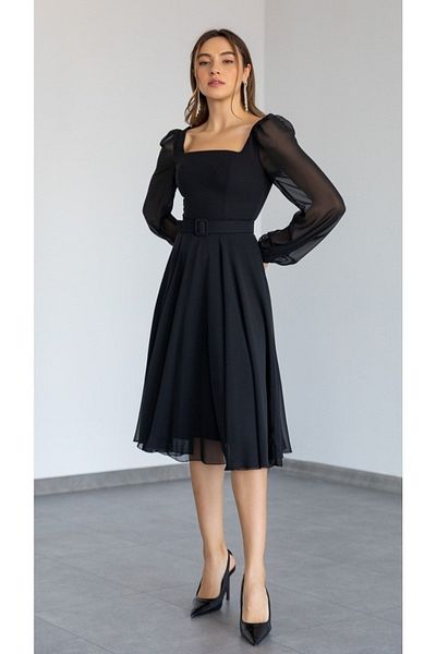 GÜZELLER Square Collar Plus Size Belted Midi Length Chiffon Wedding Engagement Promise Wishing Graduation Dress Evening Dress