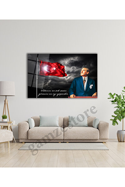 gamze store Atatürk ve Türk Bayrağı Portresi Cam Tablo Ev Salon Ofis Hediyelik Büyük Tablo Duvar Dekoru