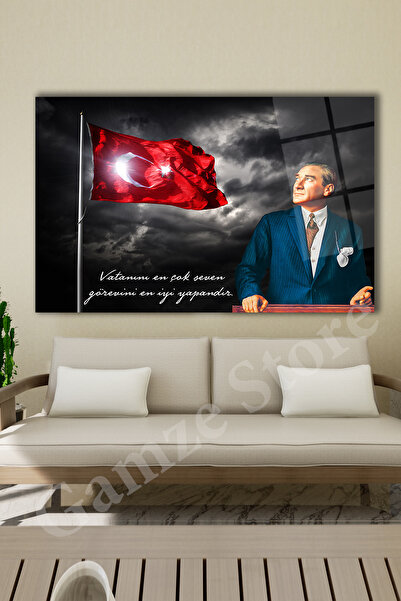 gamze store Atatürk ve Türk Bayrağı Portresi Cam Tablo Ev Salon Ofis Hediyelik Büyük Tablo Duvar Dekoru