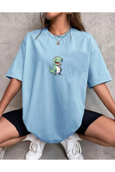 oneagılyazı تي شيرت كبير الحجم مطبوع بتصميم ديناصور