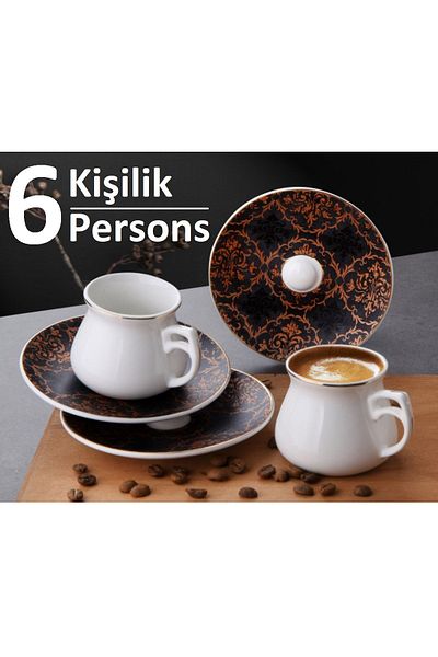 Pinkev 6 Person Porcelain Gold Gilt Turkish Coffee Coffee Cup Set