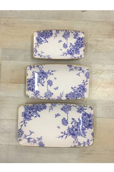 Pinkev Blue Floral 3-Piece Ceramic Boat Serving Presentation Plate Set