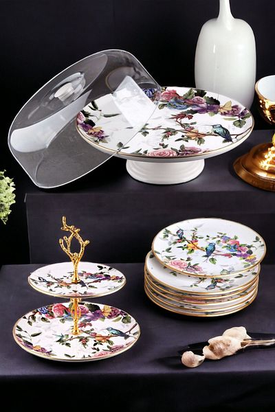 Pinkev Flora 8 Piece Ceramic Dome Cake Presentation Plate Set - Kup125F