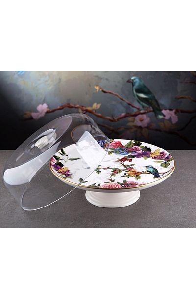 Pinkev Flora 2-Piece Ceramic Layered Cookie Cake Presentation Plate Set with Dome - Kup123F