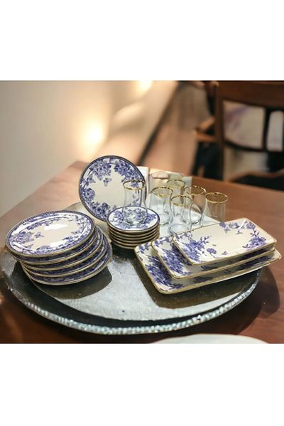 Pinkev Butterfly 21 Piece Ceramic Pastry Boat Breakfast Presentation Plate Set with Tea Cups