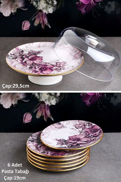 Pinkev Petunia 7-Piece Ceramic Pedestal Cake Dish Pastry Presentation Stand Plate Set