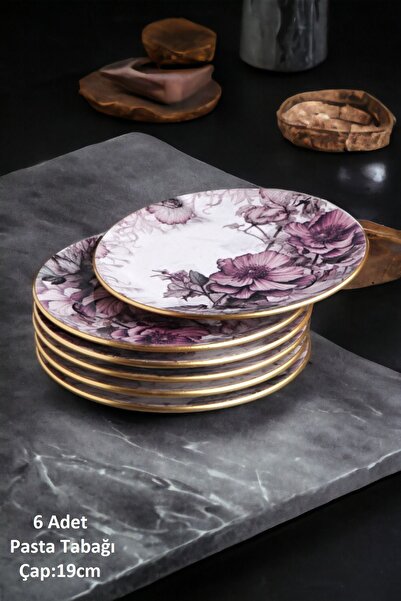 Pinkev Petunia 6 Kişilik Seramik Pasta Tatlı Sunum Tabağı Takımı Seti