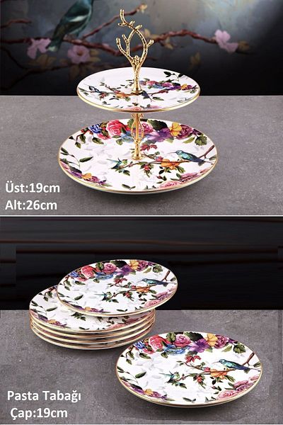 Pinkev Flora 7 Piece Ceramic Cake Plate Layered Cookie Holder Presentation Set - Kup121F