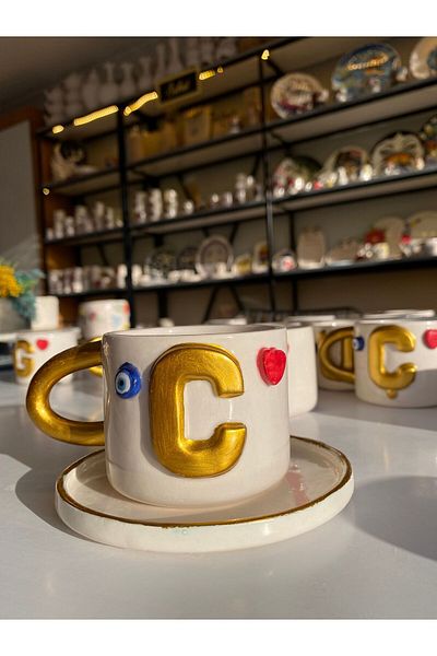 Banuart Ceramic Letter Evil Eye Beaded Heart Gift Dress - Coffee Cup