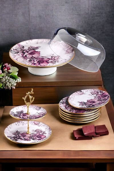 Pinkev Petunia 8 Piece Ceramic Dome Cake Layered Cookie Holder Presentation Plate Set