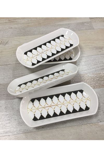 Pinkev Black Drops 4 Pieces 20cm Small Size Ceramic Oval Breakfast Cheese Boat Serving Presentation Plate Set