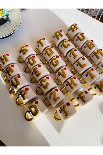 Banuart Ceramic Heart Gift Handmade - Coffee Cup with Letter t and Evil Eye Beads