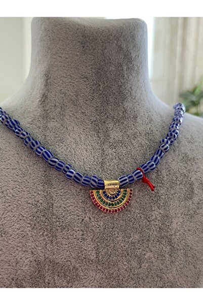 ATELİERGONCA EL YAPIMI MAVİ CAM ALTIN KAPLAMA ZİRKON TAŞ GÖKKUŞAĞI KOLYE