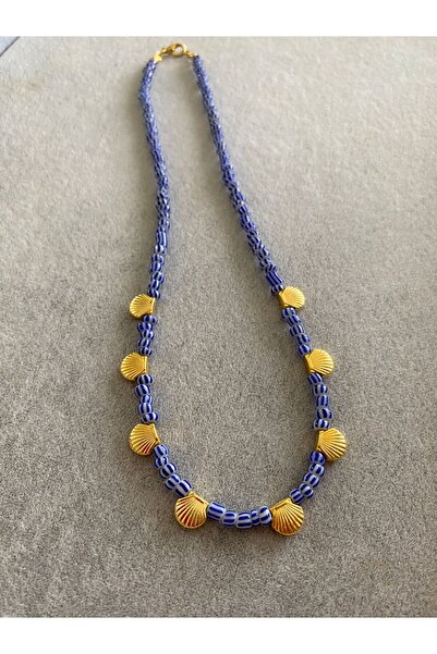 ATELİERGONCA EL YAPIMI MAVİ CAM ALTIN KAPLAMA İSTİRİDYE KOLYE