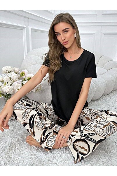 AURA Γυναικείο Σετ Πυτζάμες με Μαύρα Φύλλα - Κοντό μανίκι