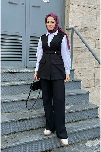 Swana Linen Look Vest and Trousers Set-Black