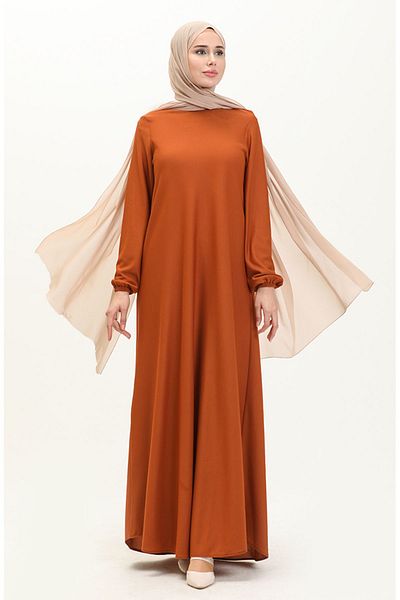 sefamerve Brick Colored Dress with Elastic Sleeve - 7777-02