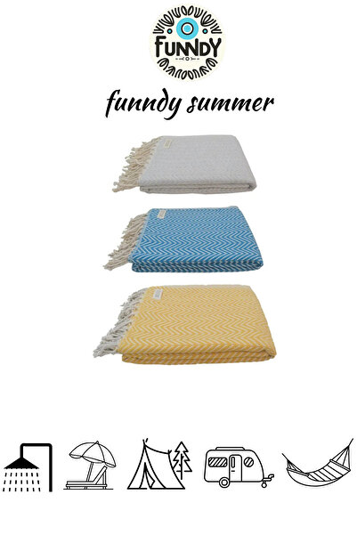 FUNNDY Σετ 3 πετσέτες παραλίας Peshtemal 100% βαμβάκι - XXL 100x180cm, Κίτρινο-Γκρι-Μπλε, Καλοκαίρι