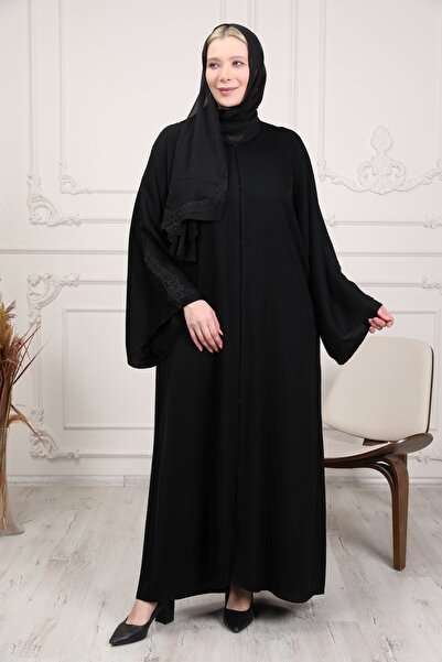 GigiTex Κομψό και υψηλής ποιότητας με μαύρη δαντέλα λεπτομέρεια Dubai Silk Shawl Abaya Ferace