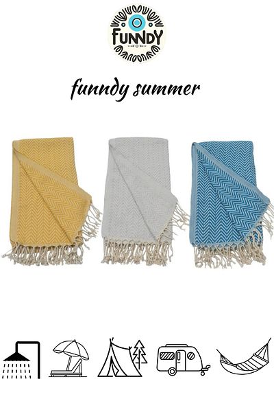 FUNNDY مجموعة من 3 مناشف شاطئ بيشتيمال قطن 100% - XXL 100x180 سم، أصفر-رمادي-أزرق، صيفي