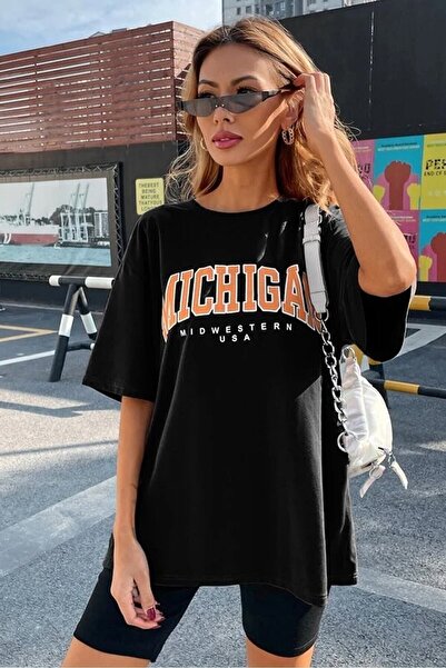 oneagılyazı تي شيرت نسائي أسود كبير الحجم مطبوع من ميشيغان