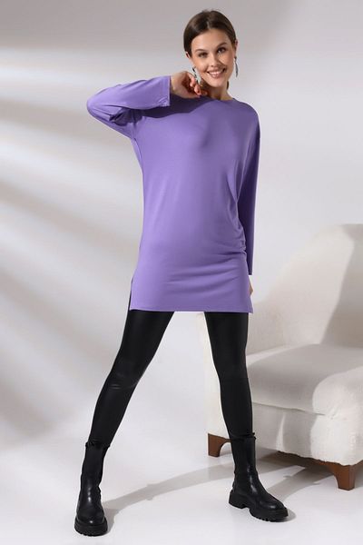 Endies Long Sleeve Slit Crew Neck Lycra Tunic 20398 Violet