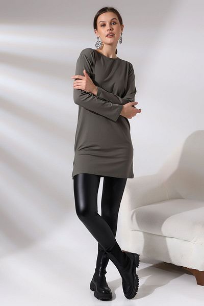 Endies Long Sleeve Slit Crew Neck Lycra Tunic 20398 Khaki