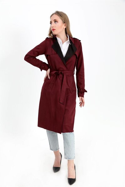 modaserdem Burgundy Suede Long Jacket Trench Coat - Belted