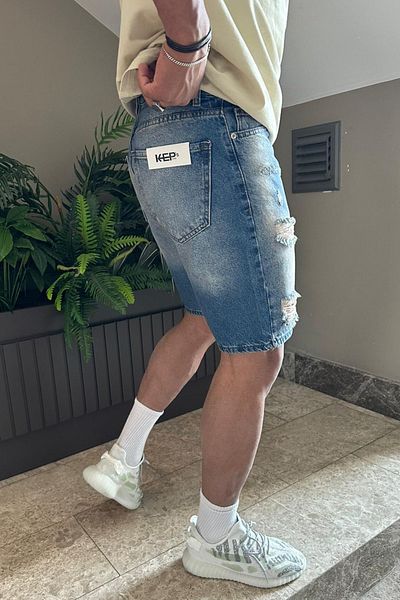 MADZEYMODA Pánské modré šortky Jean Jeans s roztrhanými detaily