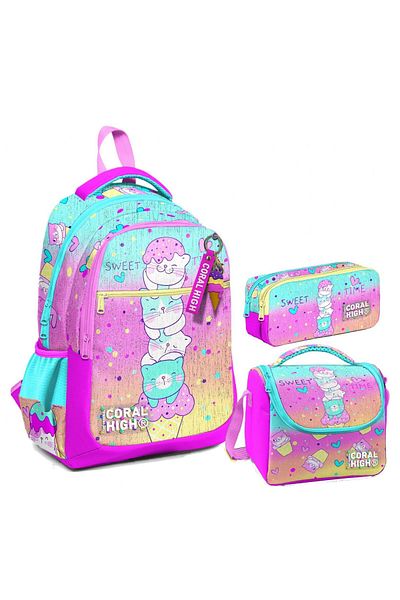 Coral High Colorful Ice Cream Cat Patterned Three-Eye Primary School Bag Set for Girl