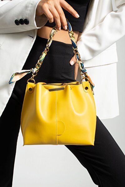 NBİBAGS Geanta de dama din piele moale - cu esarfa, accesorii lant, 3 compartimente, pentru brat si umar