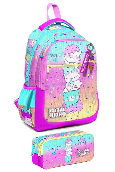 Coral High Set rucsac și suport stilou pentru școala primară pentru fetiță - pisică colorată cu înghețată