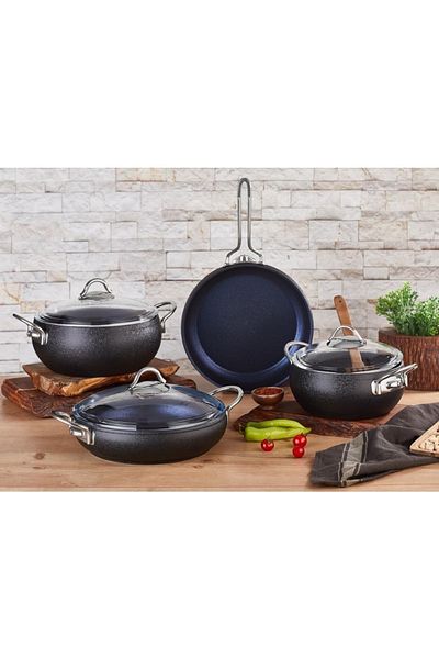 Amboss Aquamarine Diamond Titanium 3x Coating 7 Pieces Steel Handle Granite Hot Pot Set Cast Iron - Aqu-7876