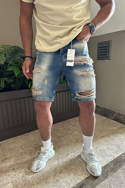 MADZEYMODA Pánské modré šortky Jean Jeans s roztrhanými detaily