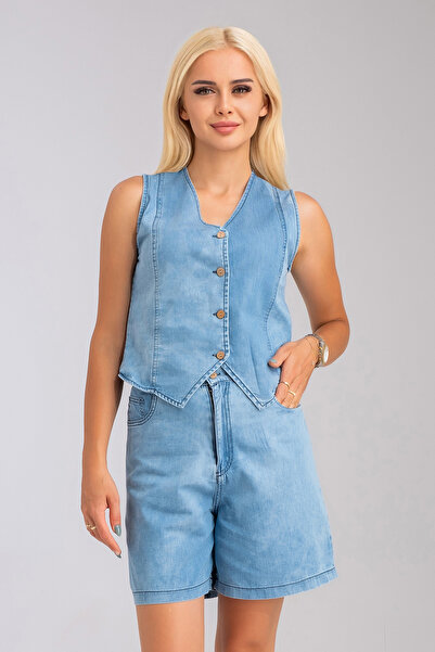 Bold & Young Kadın Bleach Yıkama  Lyocell İnce Denim Kumaş Kot Yelek