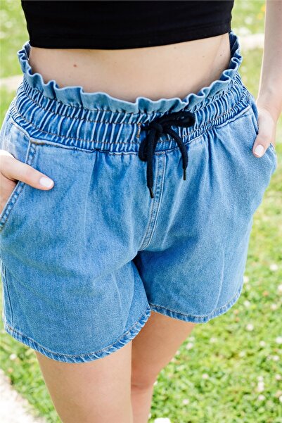 Gils Butik Beli Lastikli Mavi Şort