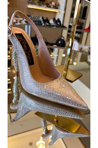 DUYGUSHOESBAG Duygu İthal Kristal Topuk Simli Deri Kadın Ayakkabı