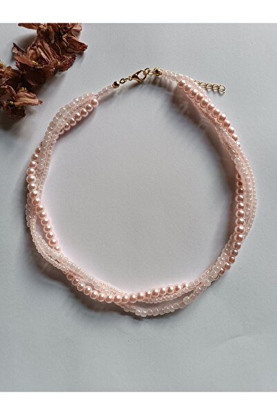 Fata Morgana Accessory 3 Katlı Pembe İnci Boncuklu Tasarım Burgu Kolye