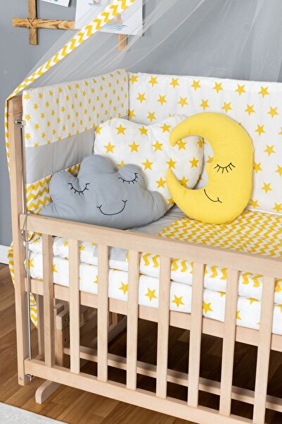 Bamgidoo Ahşap Beşik Anne Yanı Beşik Organik 70x130 - Sarı Yıldız 3 Yastıklı Uyku Seti + Yataklı