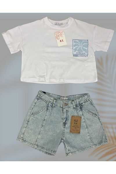 nk kids Set dublu pentru fete Floral (T-SHIRT CROP SUPERIOR - PANTOR SORRT DENIM)