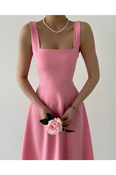 Afiş Butik Růžové midi šaty se čtvercovým límcem s tlustým páskem