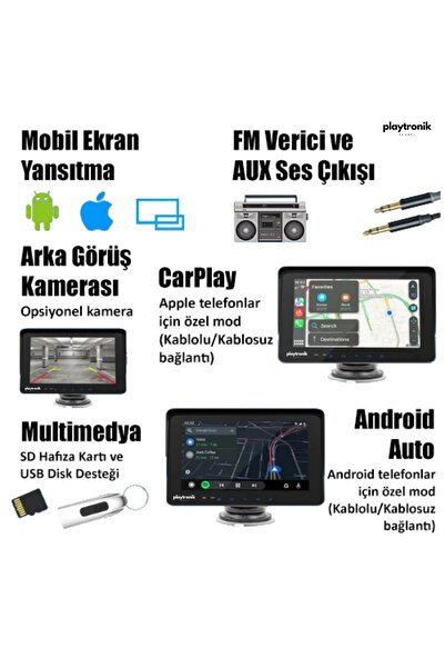 Playtronik 7" Plug Play Wireless Apple Carplay And Android Auto Auto Multimedia Vehicle Car Display Double Tape