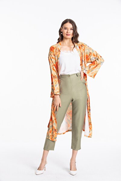 Pitti Orange Green and Mixed Patterned Women's Kimono 60350