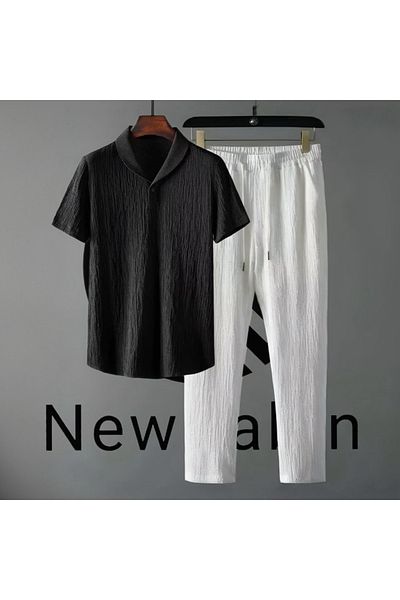NewCabin Summer Unisex T-Shirt and Sweatpants Set - New Season, Wrapped Crinkle Fabric, Lycra, Short Sleeve