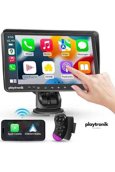 Playtronik 7" Plug Play Wireless Apple Carplay And Android Auto Auto Multimedia Vehicle Car Display Double Tape